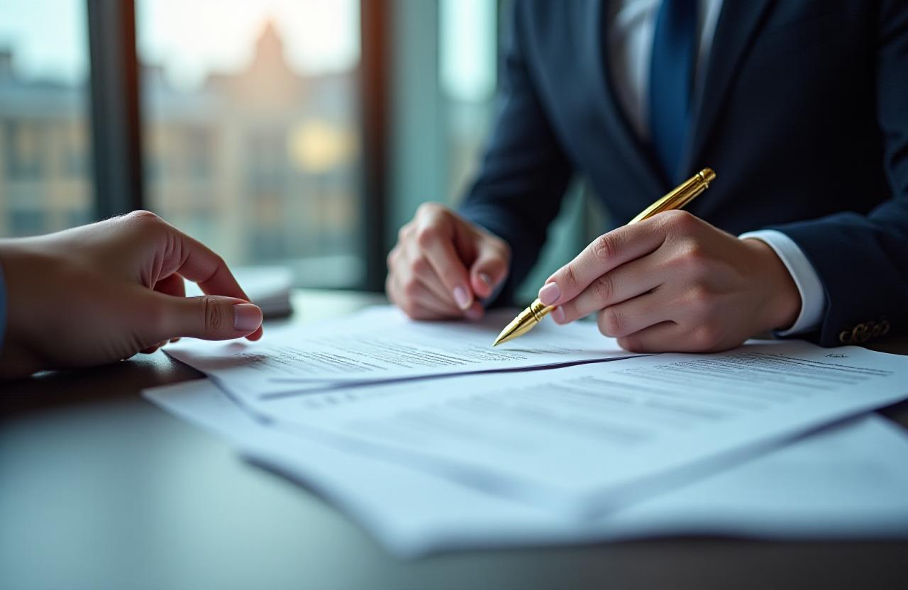 Close-up of a legal professional reviewing a detailed contract in a London office