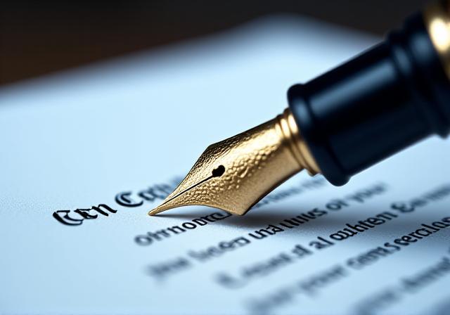 Close-up of a professional fountain pen resting on a signed legal contract with dramatic lighting